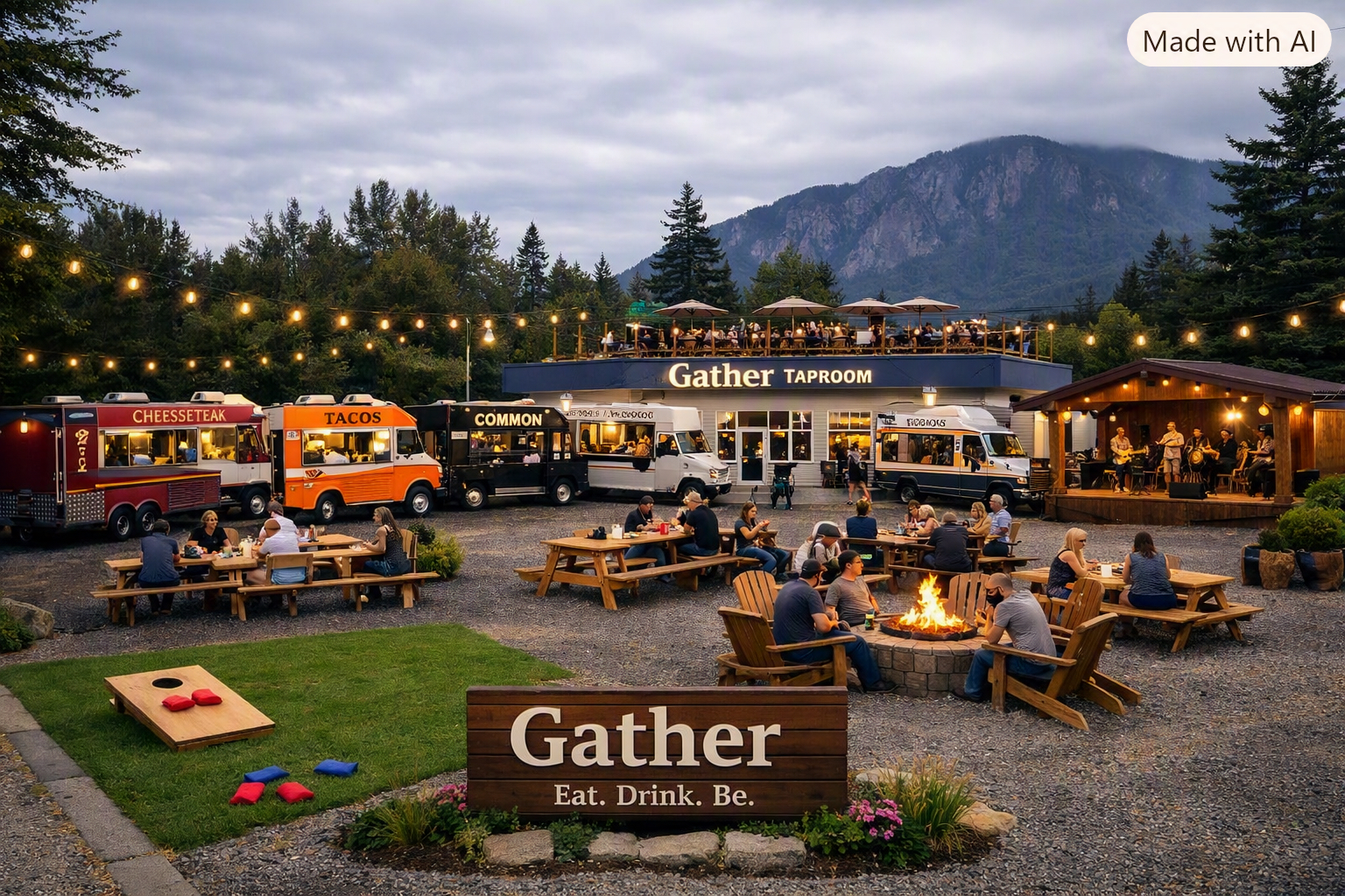 Concept visualization of the Gather food truck village and taproom at dusk with Mount Si behind