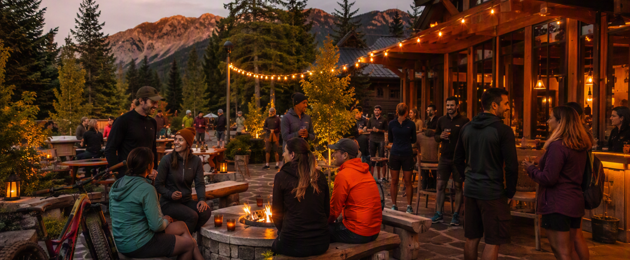 Concept visualization of guests around the fire pit on the Gather patio beneath string lights