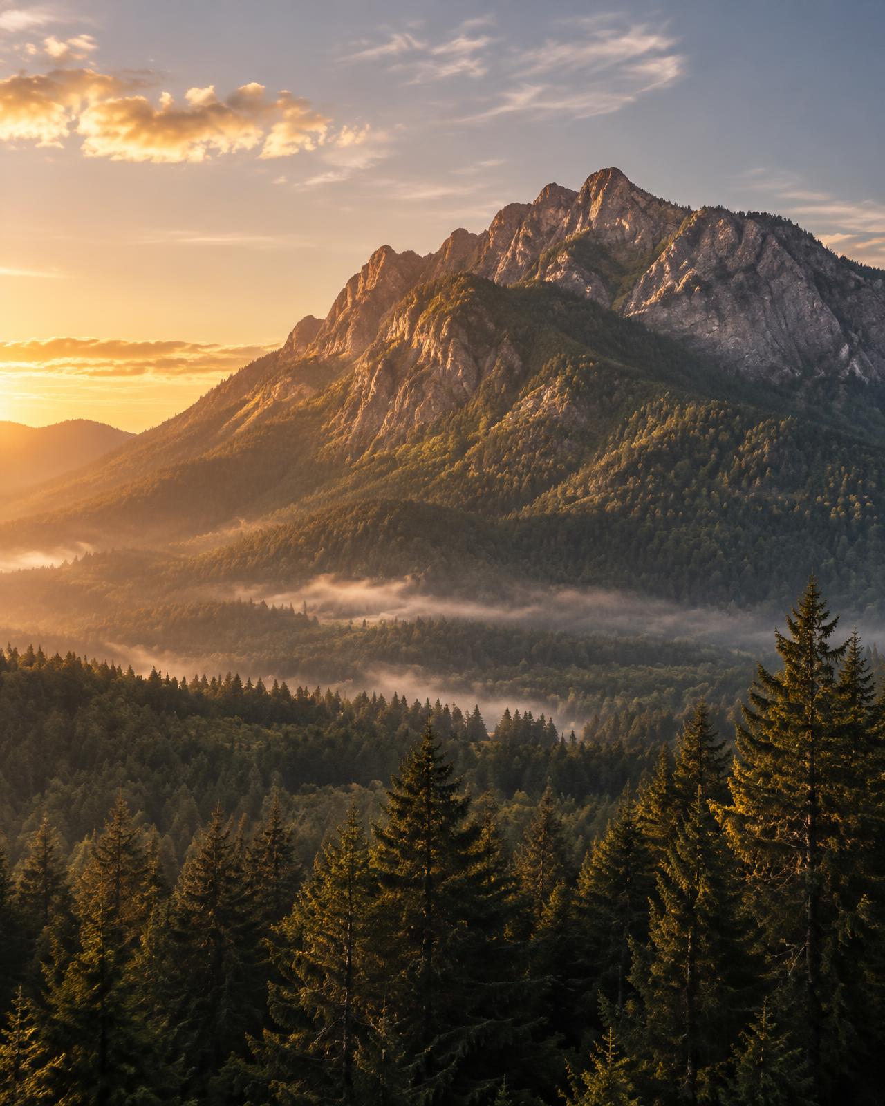 Mount Si rising above the forests of Snoqualmie Valley at golden hour